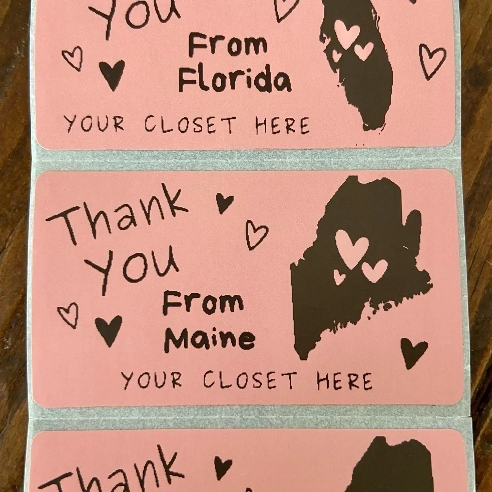 100 Personalized Thank You Thermal Stickers Your State Closet Name Green or Pink